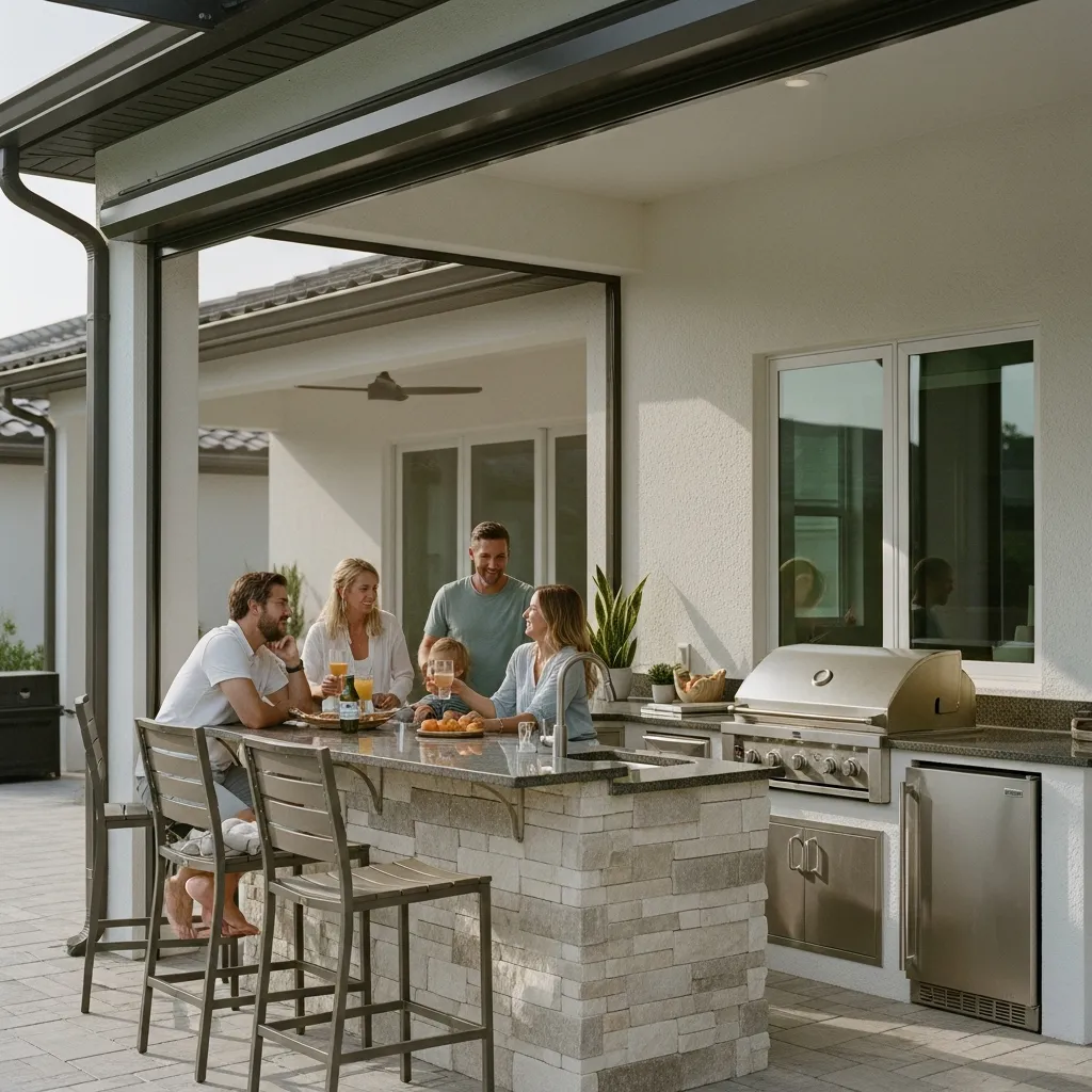 A family enjoys a meal at a custom stone outdoor kitchen island featuring built-in bar seating and a professional stainless steel grill.