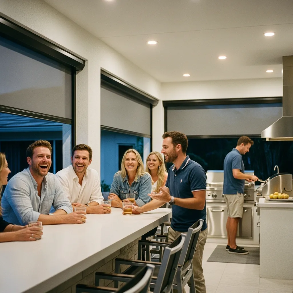 Guests enjoying shaded outdoor kitchen with motorized screens on Florida patio.