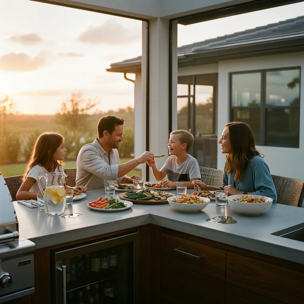 Florida family dining outside at home outdoor kitchen with motorized screen enclosure.
