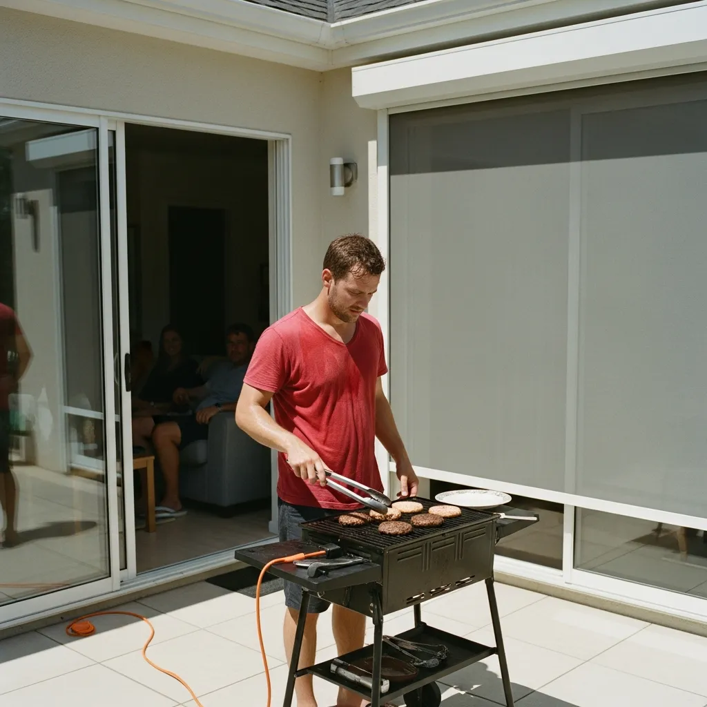 A man in a red shirt stands alone at a small grill on a patio, illustrating the inconvenience of running back and forth to an indoor kitchen while entertaining.
