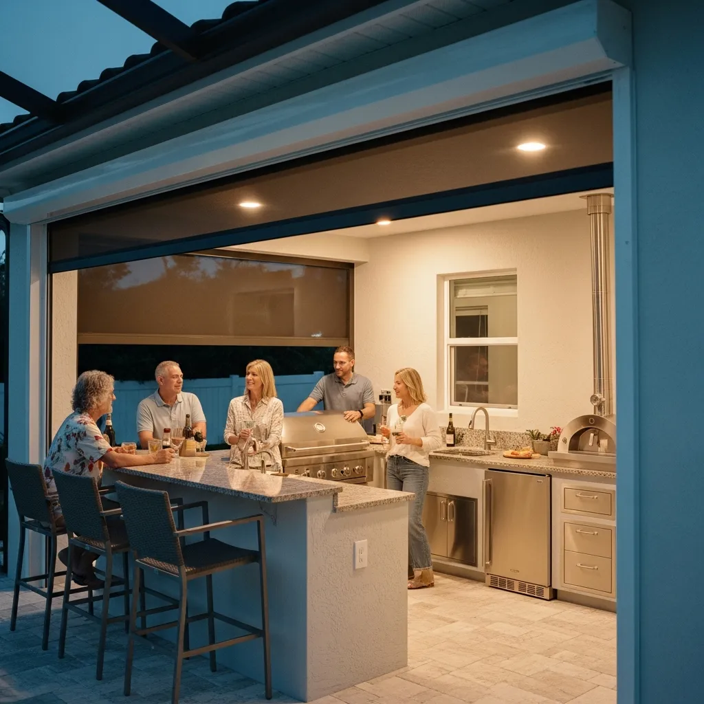Luxury outdoor kitchen featuring stainless steel appliances, stone countertops, and a bar area for backyard entertaining.