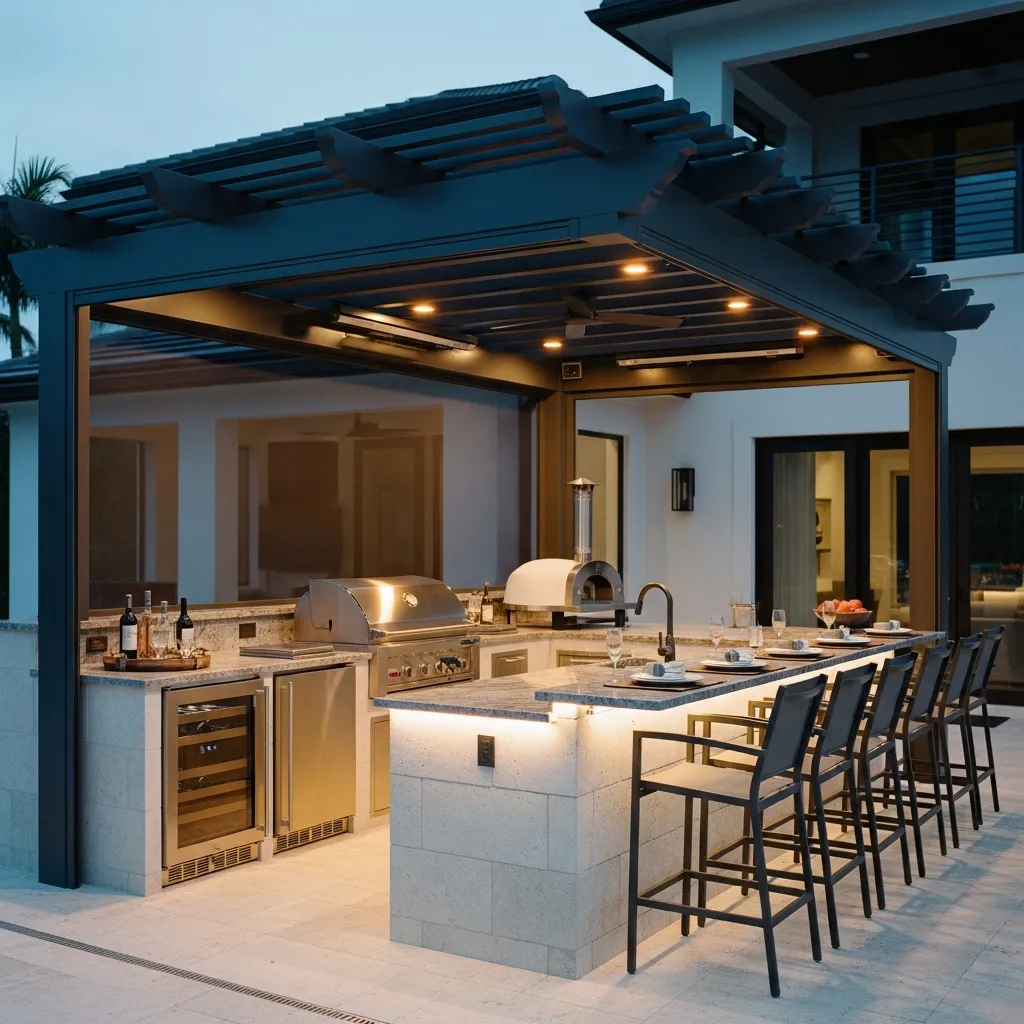 Modern outdoor kitchen with stone island and bar seating under a motorized StruXure pergola with integrated LED lighting.