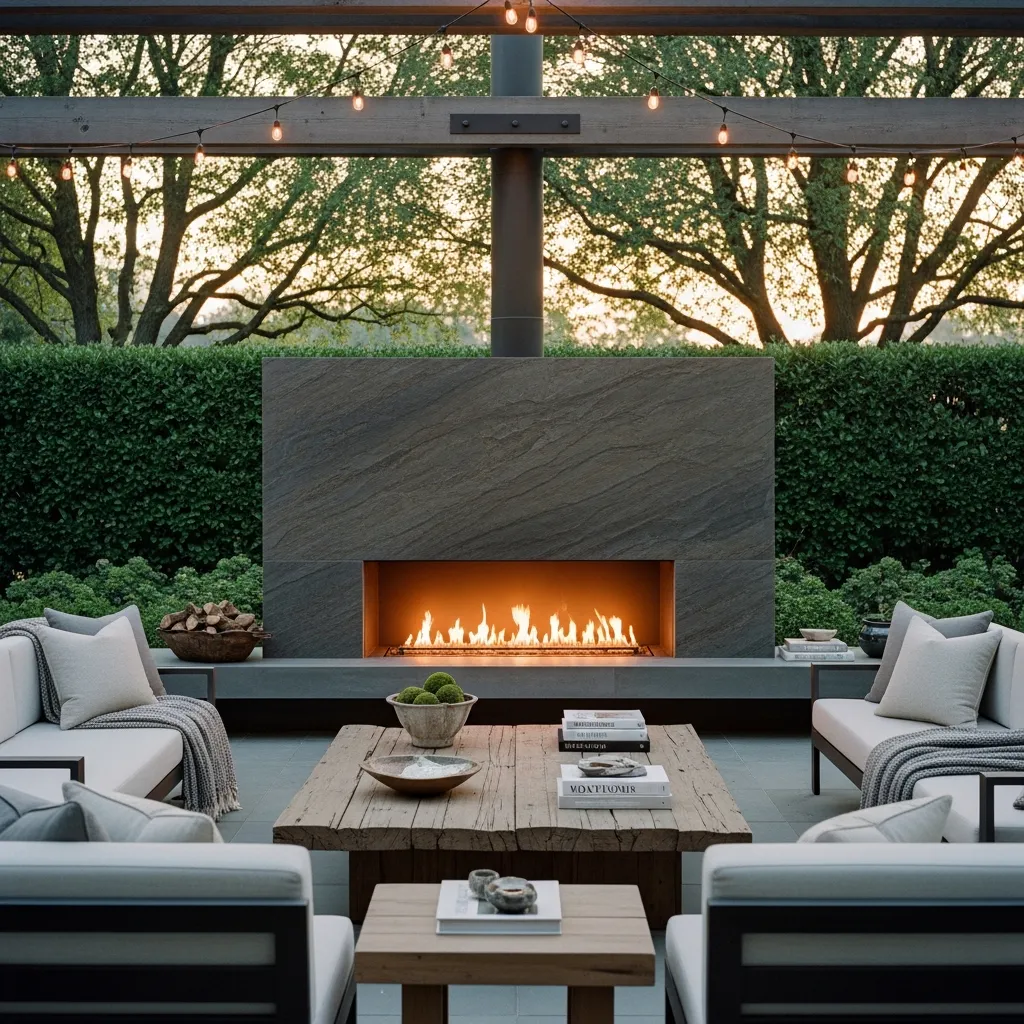 Sleek horizontal outdoor gas fireplace with a stone slab surround and modern wood coffee table seating