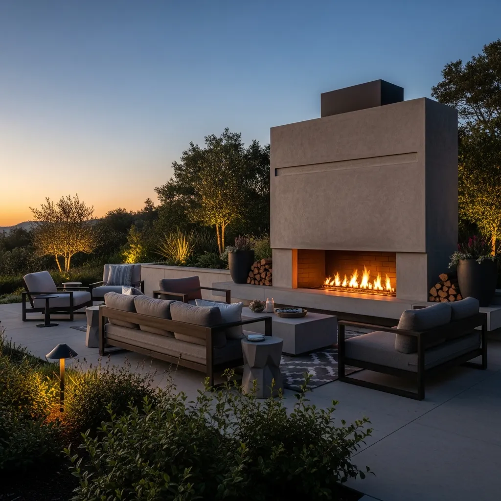 Modern minimalist tall grey outdoor fireplace with a linear gas flame and patio lounge furniture at sunset.