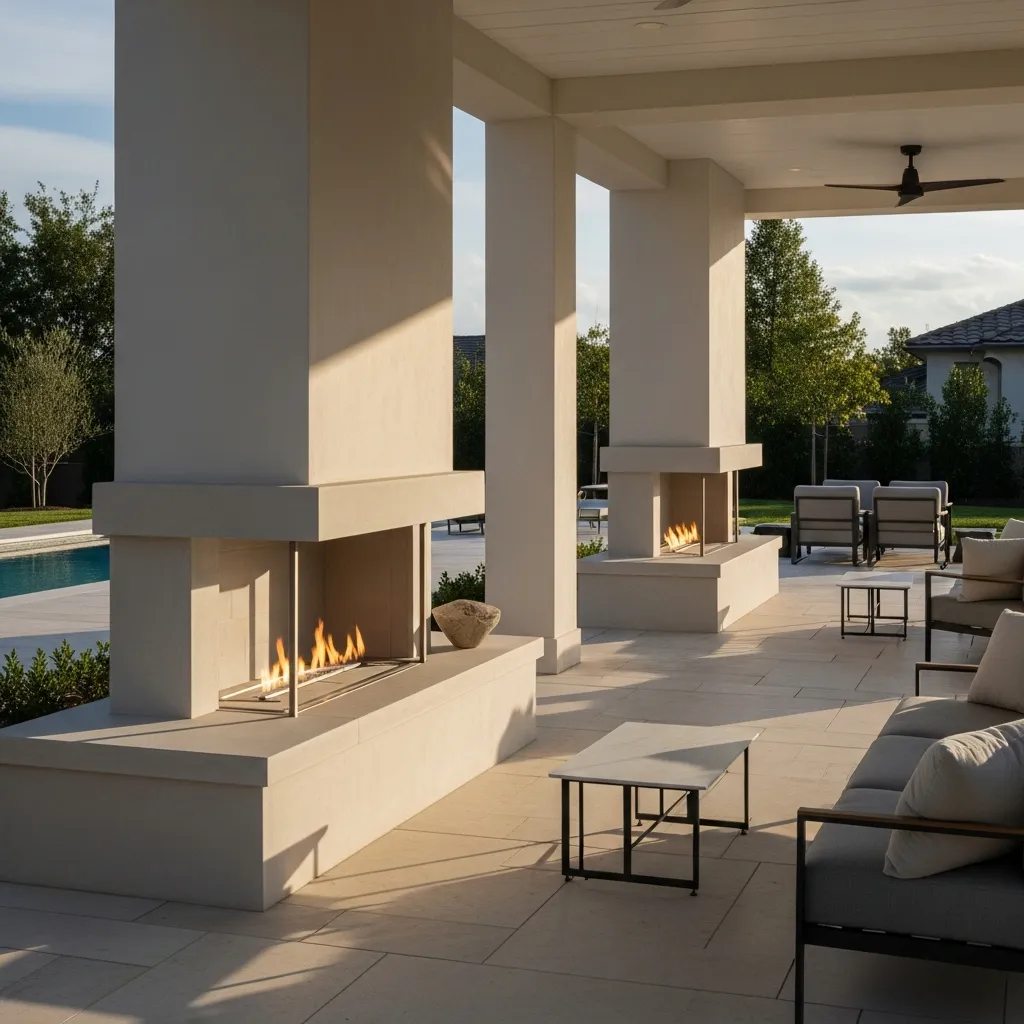 Double-sided modern outdoor fireplace built into a white architectural pillar on a luxury travertine patio