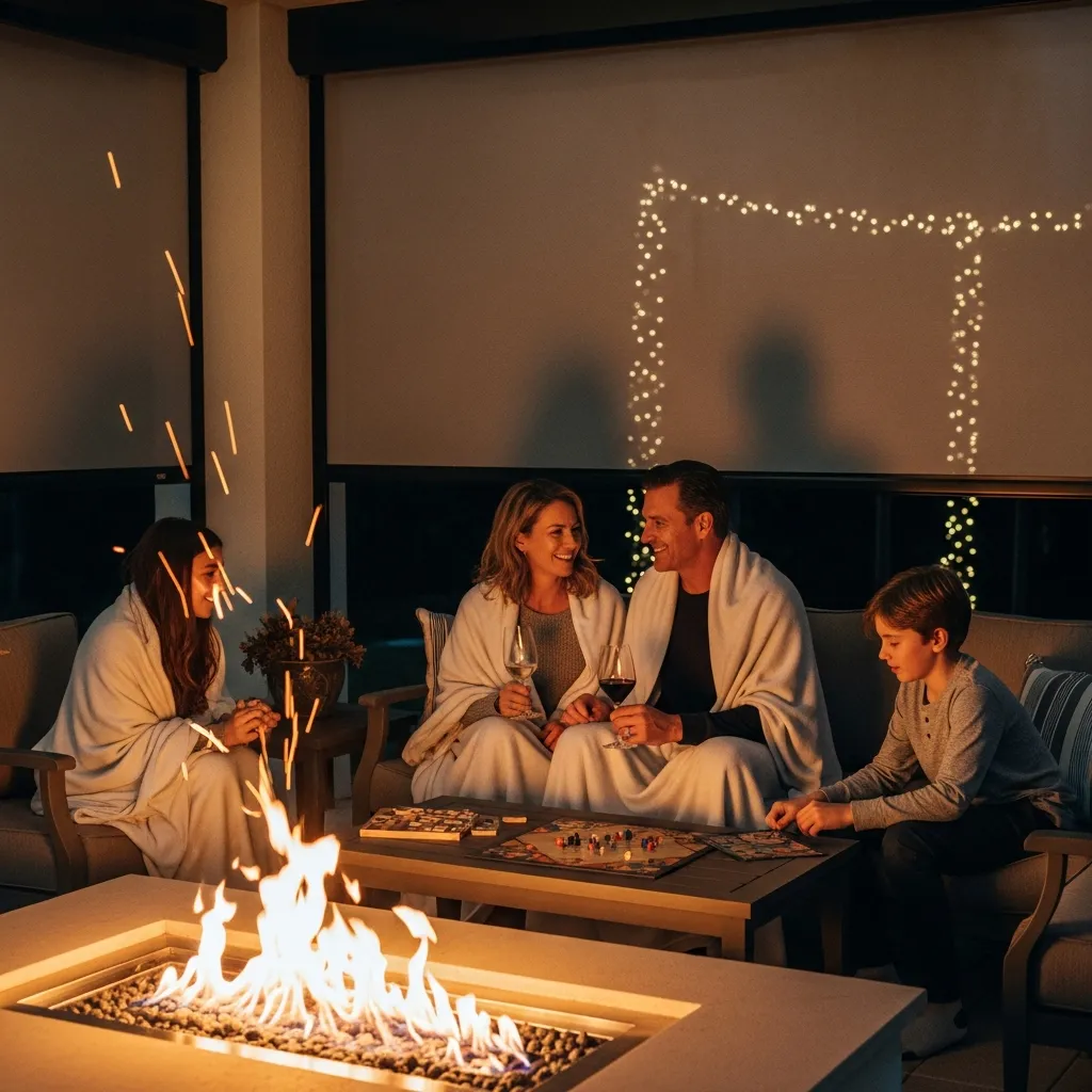 Elite Florida family enjoying outdoor fireplace in January under motorized screen enclosure.