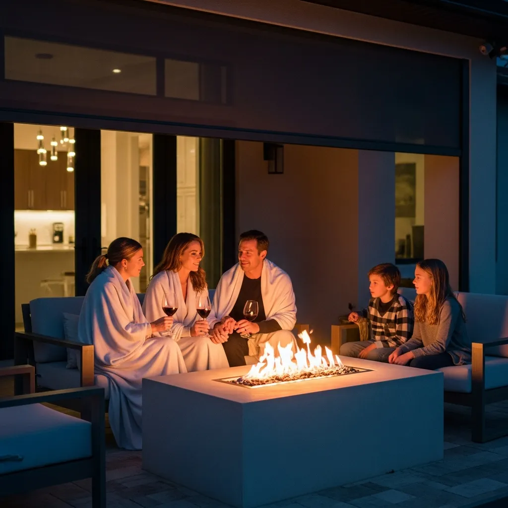 Florida outdoor living space with fireplace and motorized screens used year-round by family.