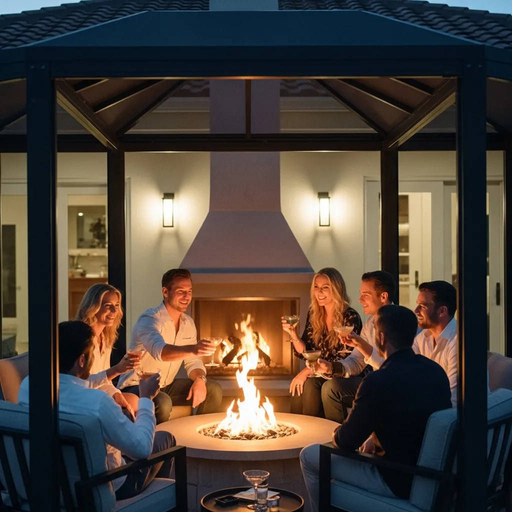 Luxury outdoor fireplace gathering with motorized screens creating premium Florida entertaining space.