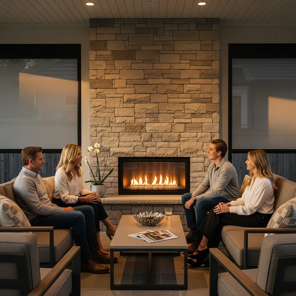 Traditional stacked stone outdoor fireplace insert located on a covered patio with comfortable sofa seating