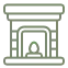 Classical fireplace icon representing electronic ignition, lighting integration, and TV mounts.