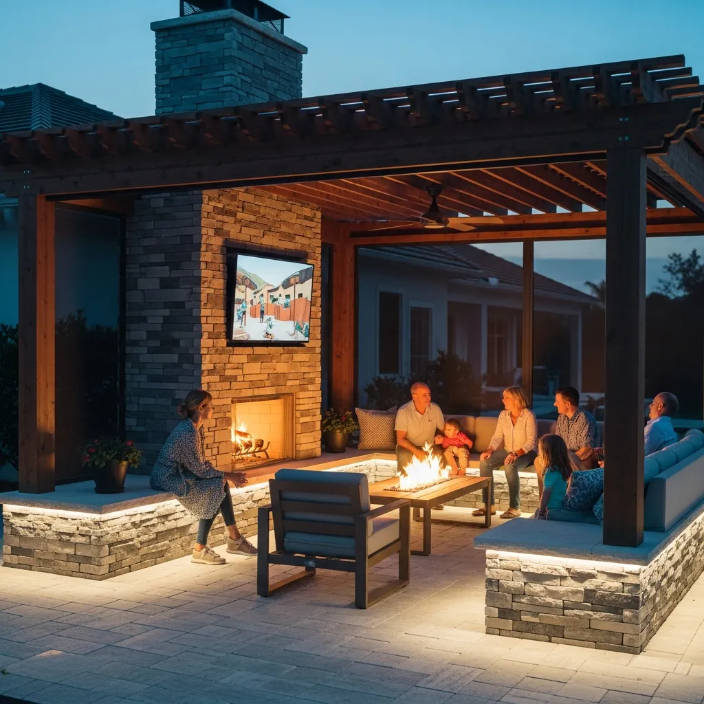 Stone outdoor fireplace with mounted TV integrated into a louvered pergola with built-in LED seating.