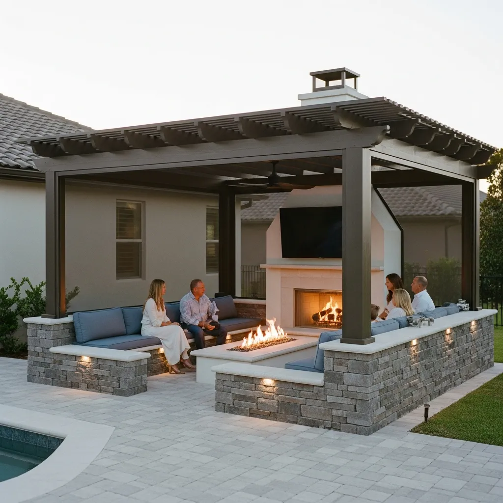 Custom stone outdoor fireplace and fire pit area under a grey StruXure pergola next to a swimming pool