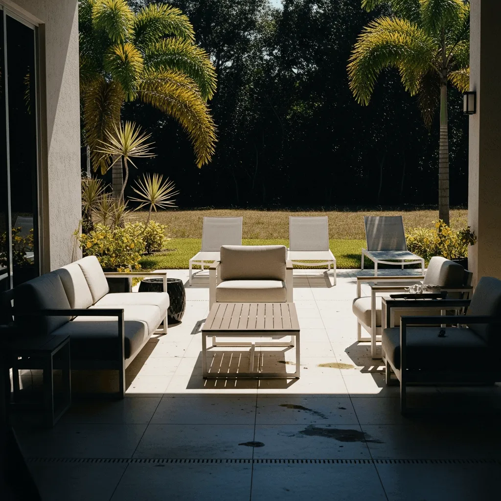 Unused patio outdoor furniture St. Augustine Florida home sitting empty due to heat bugs and rain