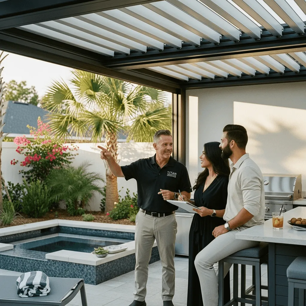 Titan Outdoor Solutions consultant meeting with St. Augustine homeowners about pergola and outdoor kitchen design