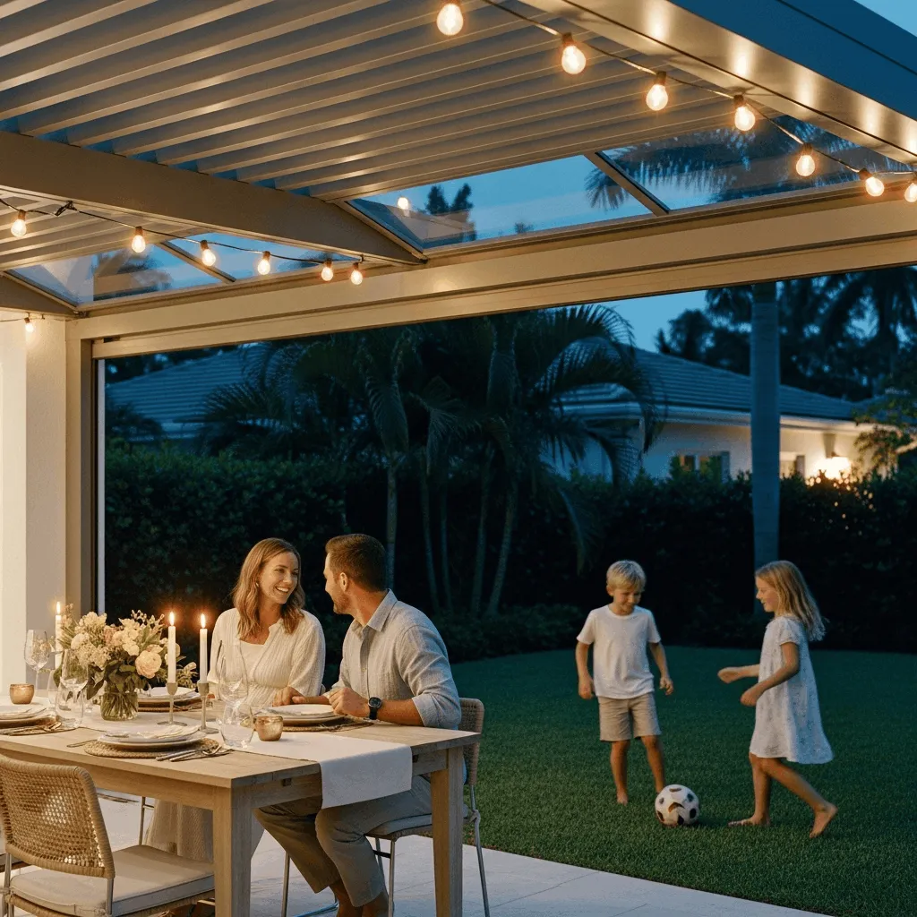 Dinner Outside Every Night - Family dining under StruXure motorized pergola with integrated string lights and automated louvers adjusting for Florida weather, rain protection, and climate control year-round