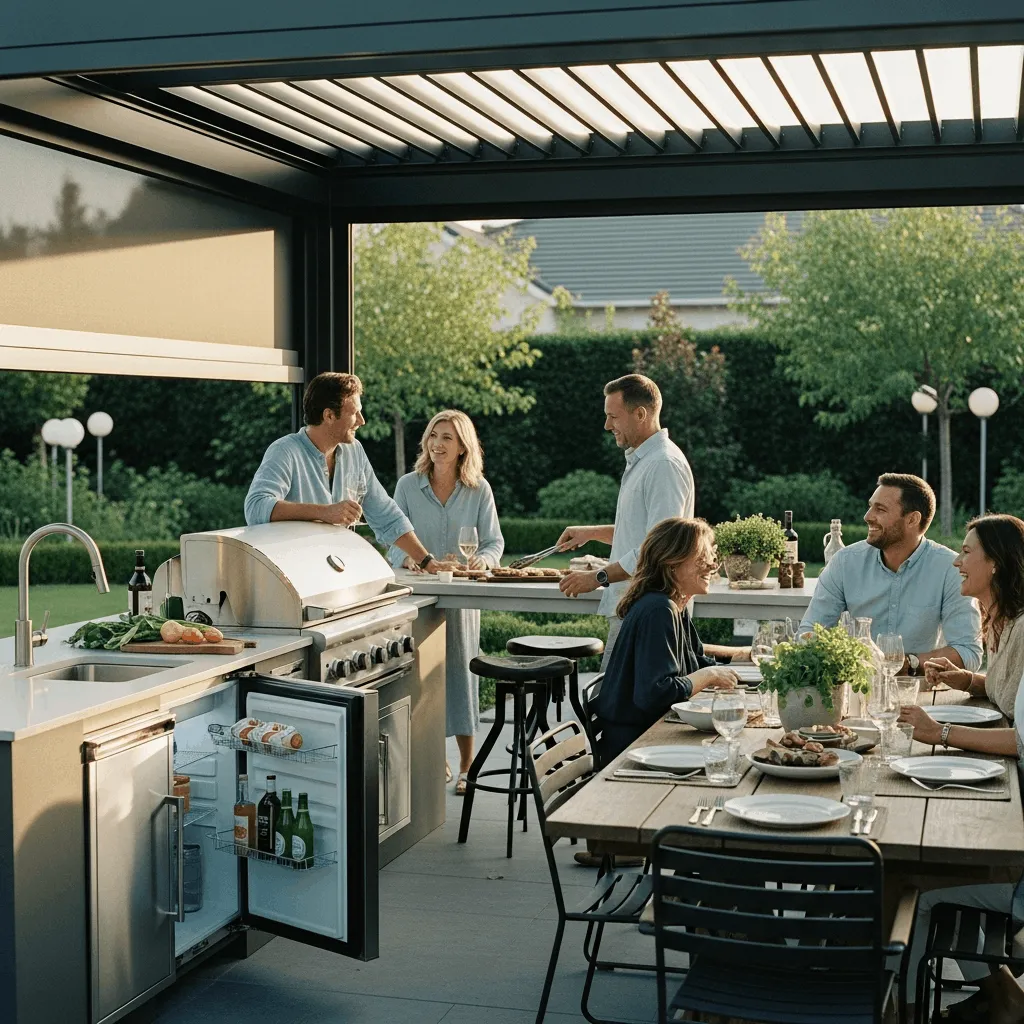 Outdoor Cooking Becomes Your Lifestyle - Complete outdoor kitchen with built-in grill, outdoor refrigerator, sink, and bar seating under climate-controlled StruXure pergola for weekend entertaining