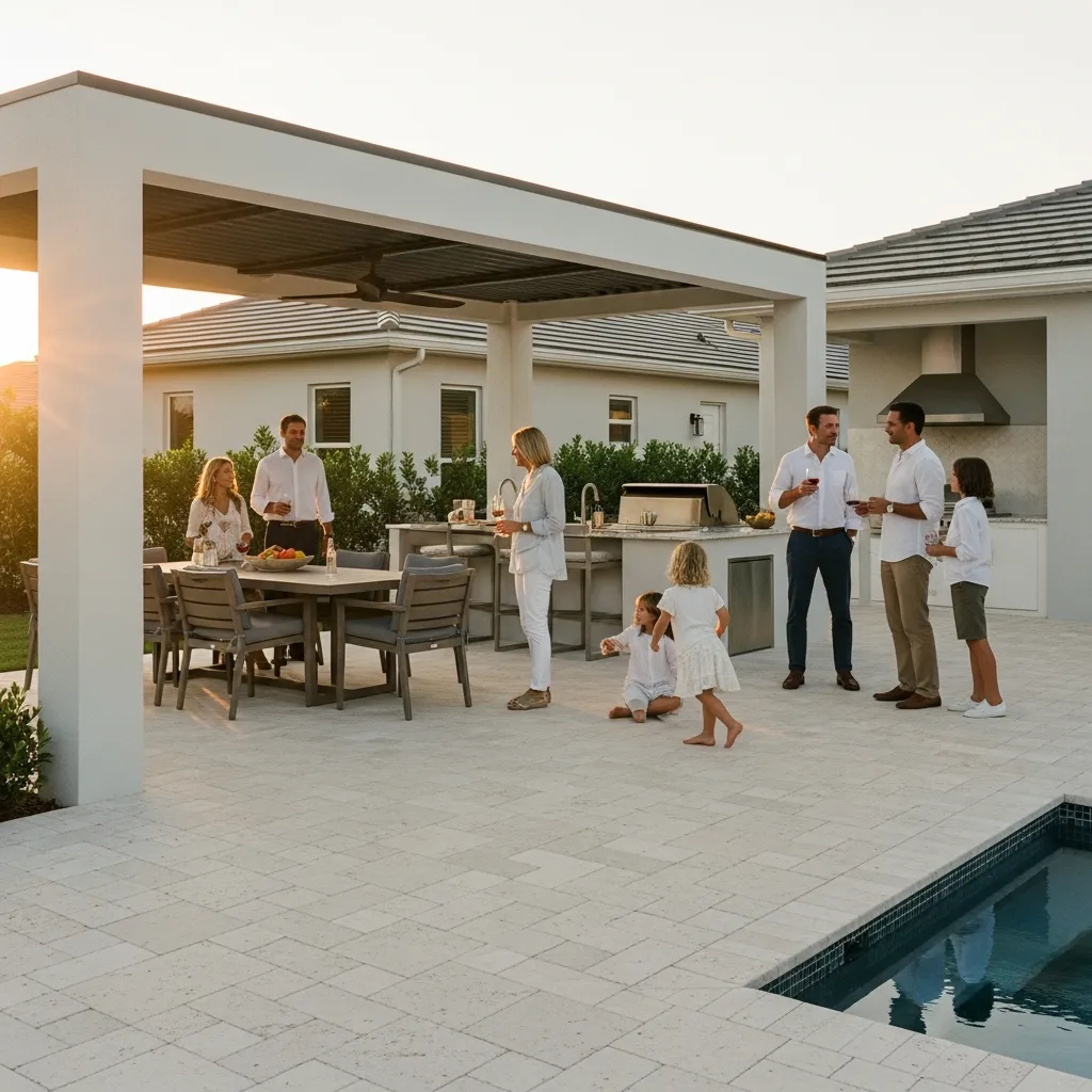 Family walking barefoot on cool travertine pavers beside luxury pool in Florida summer heat.