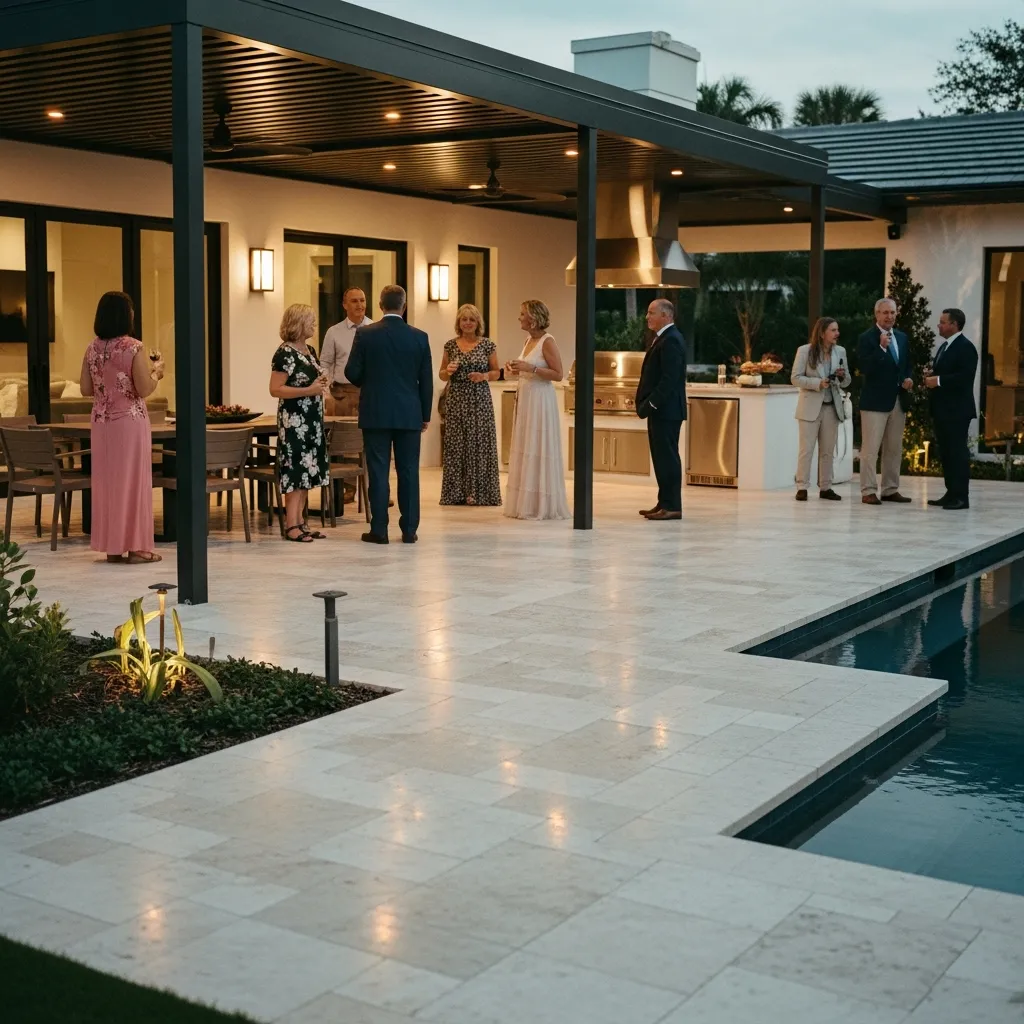 Resort-style travertine patio connecting pergola, pool, and outdoor kitchen in luxury Florida home with affluent guests.