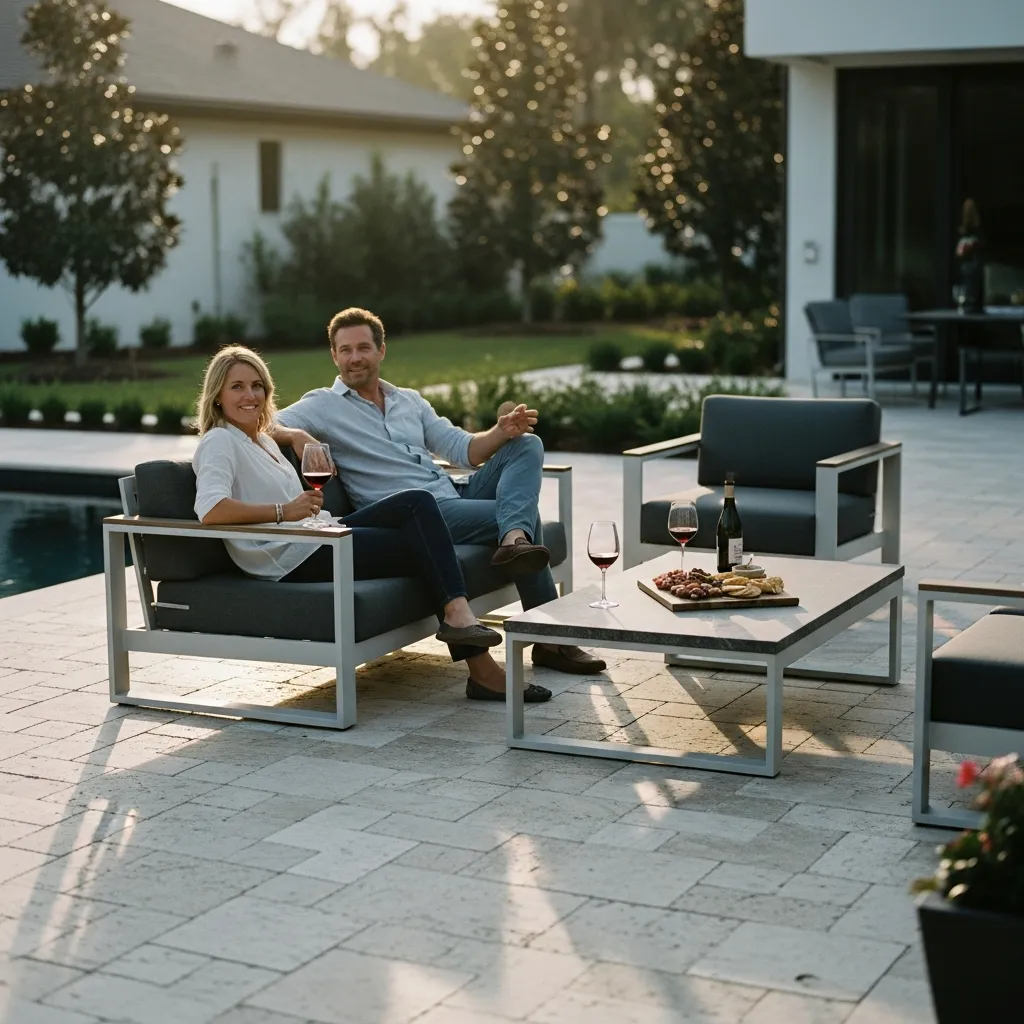 Pristine travertine paver patio with polymeric sand joints at luxury Florida home showing long-term durability.
