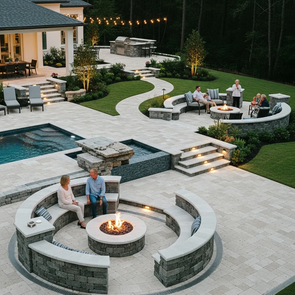 Multi-level travertine patio featuring a circular fire pit with curved stone seating walls next to a pool.