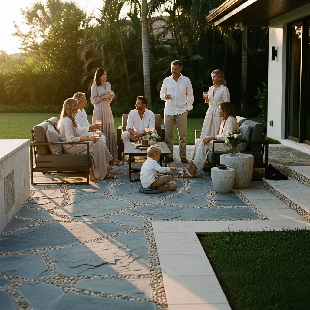 Luxury outdoor lounge with a patterned stone patio and comfortable sectional seating area.