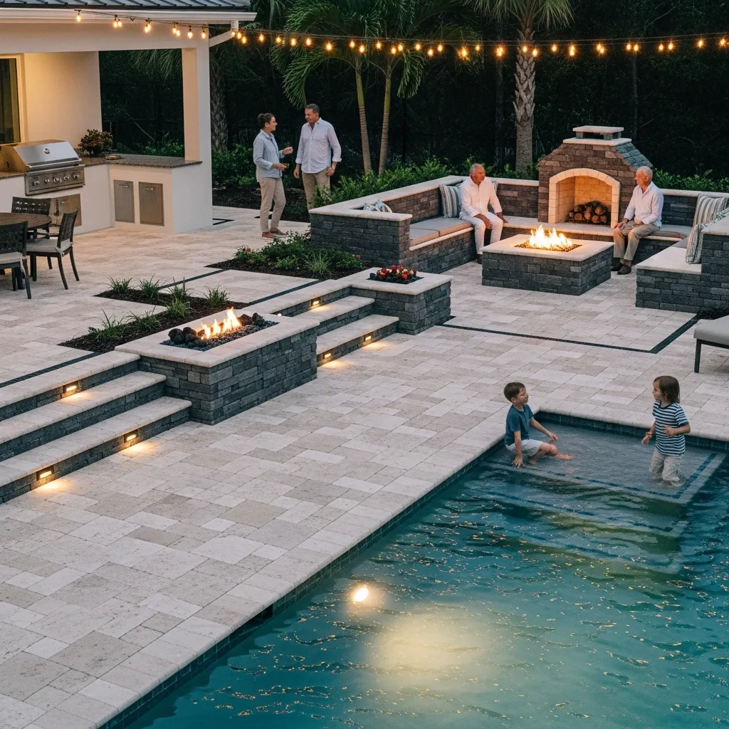 Outdoor living space at dusk featuring a pool, integrated fire pit, and professional landscape lighting on stone pavers.