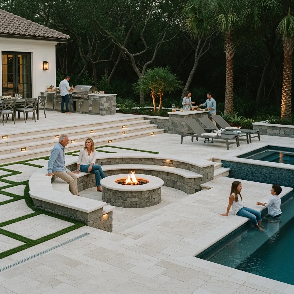 Modern backyard landscape with a sunken fire pit, stone pavers, and an integrated plunge pool.