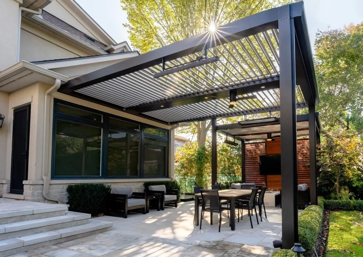 StruXure motorized louvered pergola with adjustable louvers open over patio Northeast Florida