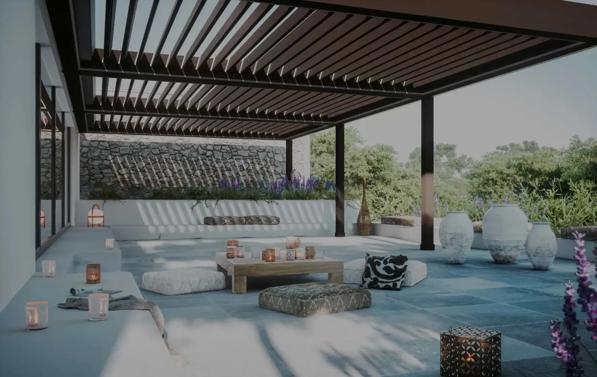 StruXure pergola with travertine hardscaping outdoor seating and fire feature St. Augustine Florida