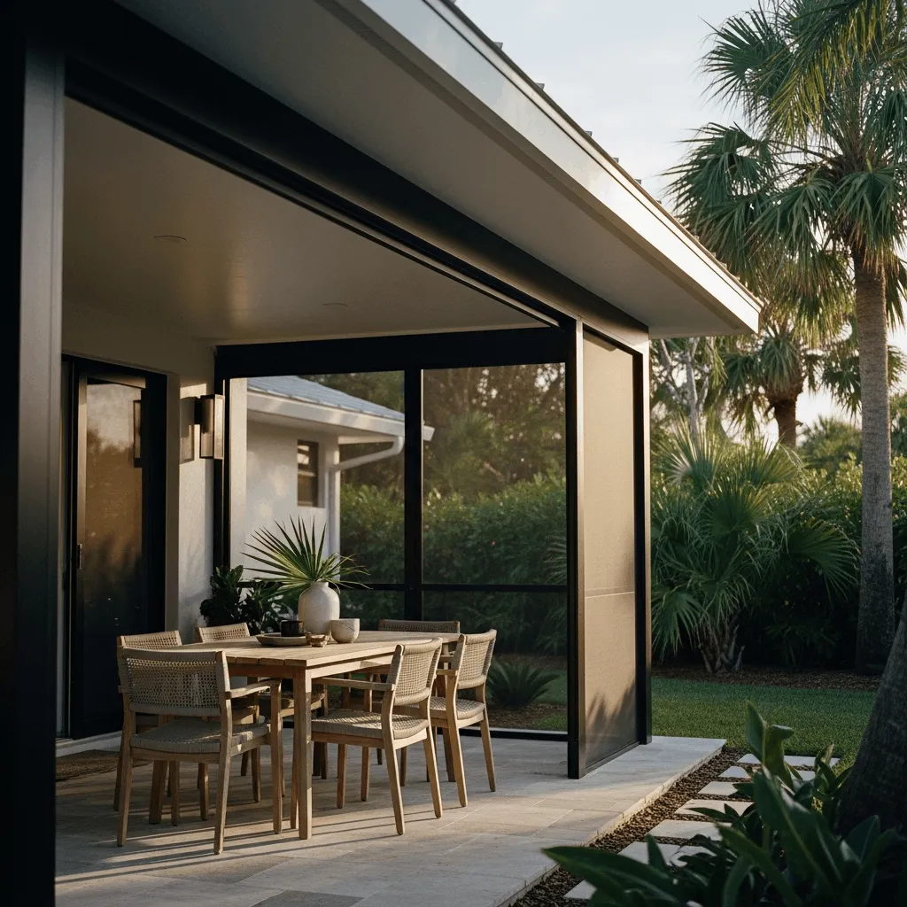 Motorized retractable screens on outdoor dining space St. Augustine Florida Titan Outdoor Solutions