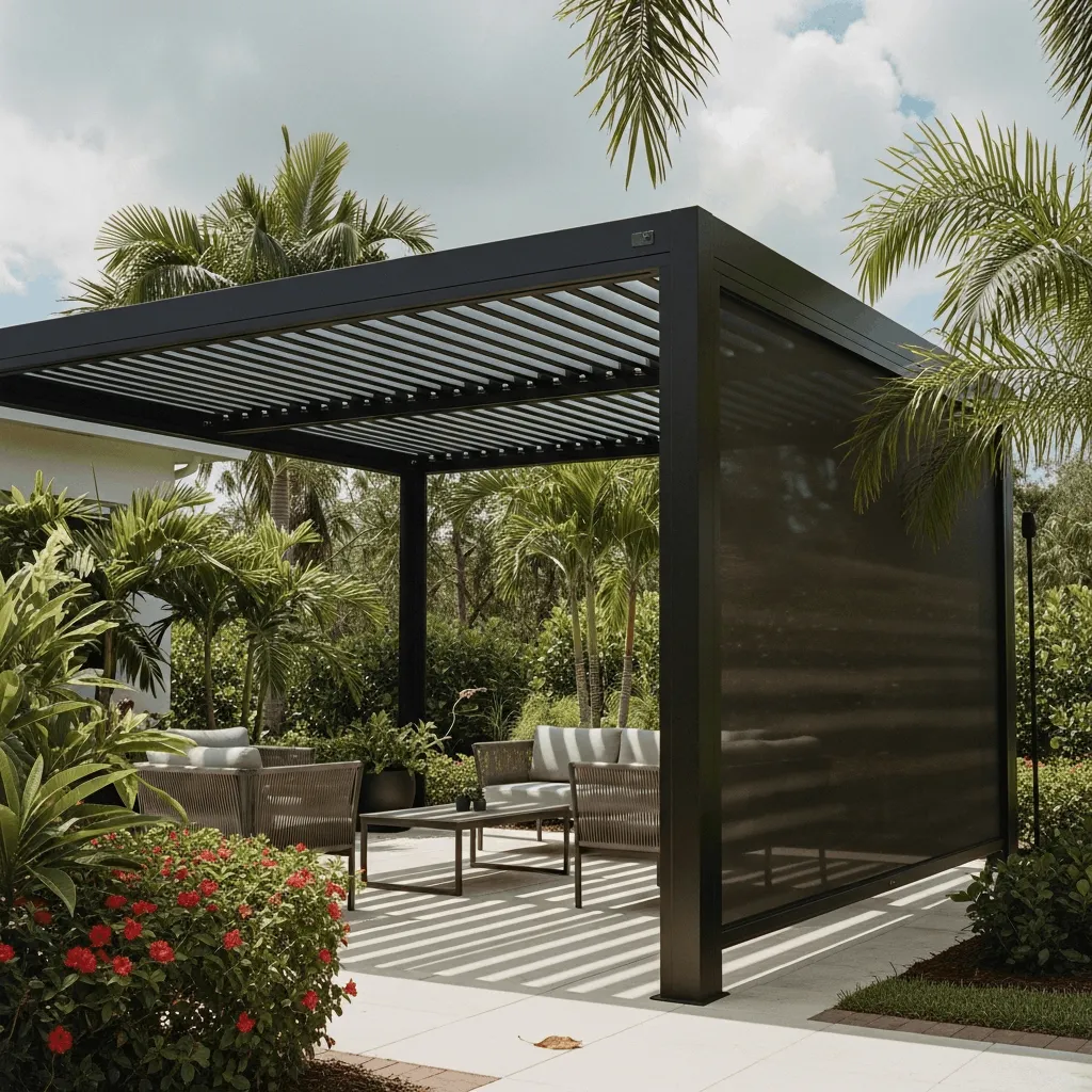 Dark frame StruXure louvered pergola with retractable side screen and outdoor seating St. Augustine Florida