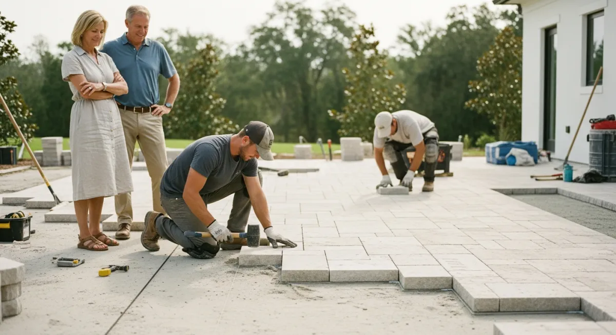 Full travertine patio installation with proper base preparation and border accents at upscale Florida home.