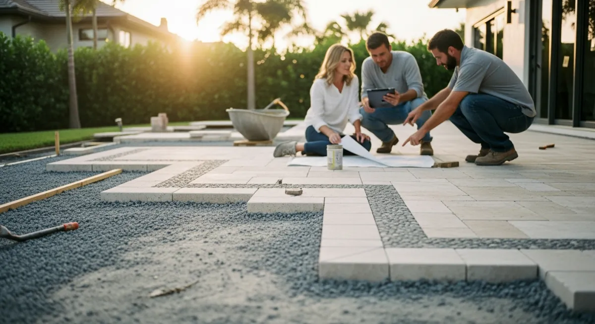 Full travertine patio installation with proper base preparation and border accents at upscale Florida home.