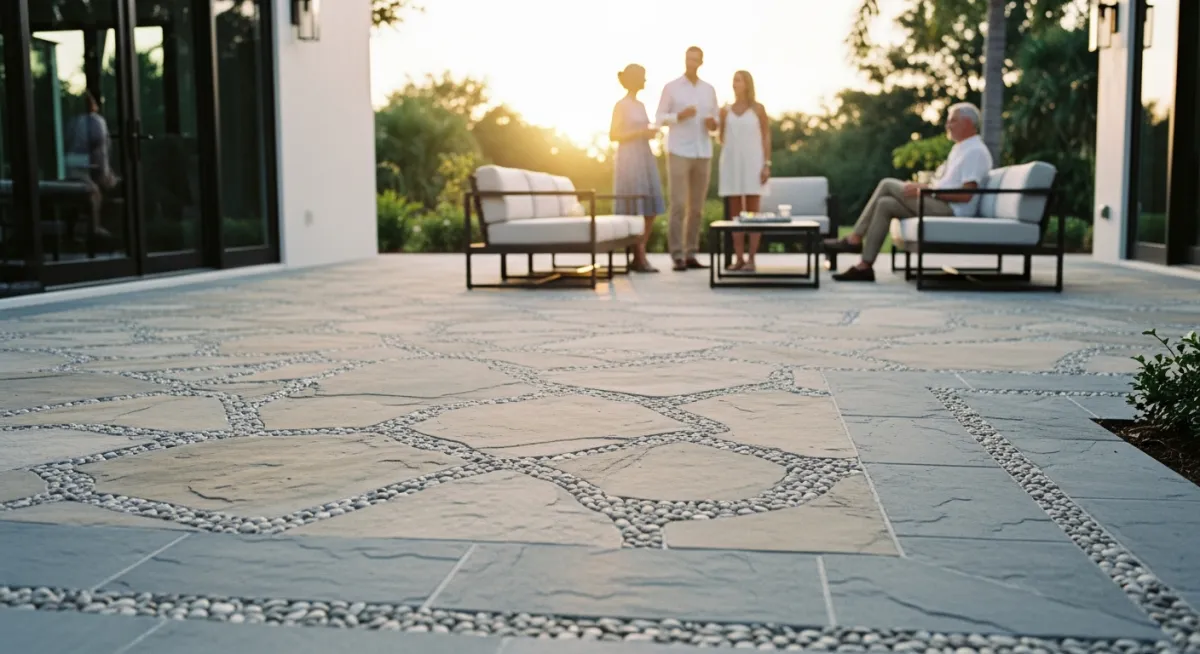 Luxury natural stone patio with flagstone and bluestone design at elite Florida home.