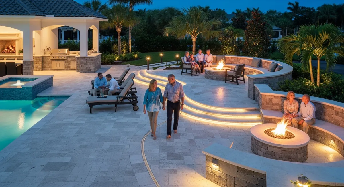 Complete travertine and natural stone hardscape design with pool deck, fire pit, and pathways at luxury Florida estate.