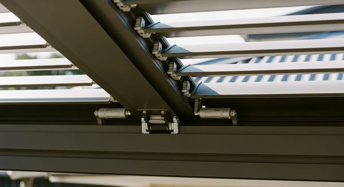 Adjustable aluminum louvers rotating on motorized pergola roof, providing customizable shade and waterproof shelter.