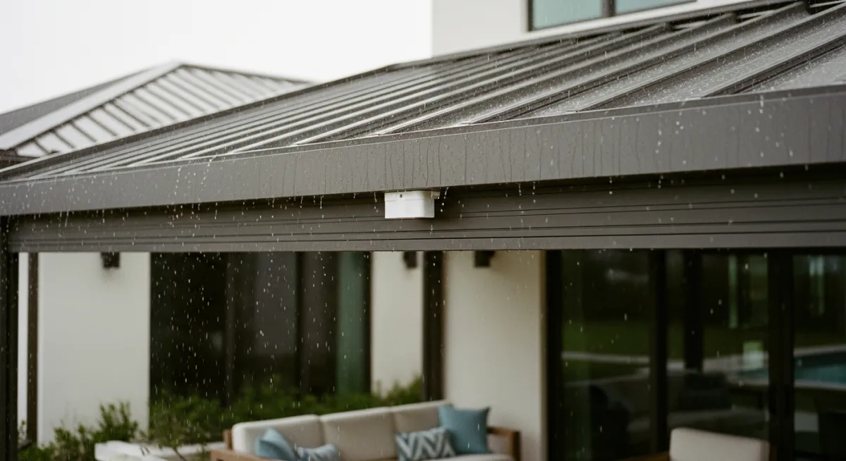 Motorized pergola with integrated rain sensor automatically closing during Florida storm to protect patio furniture.