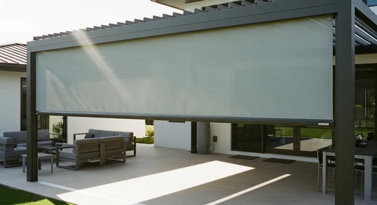 Retractable canopy system extending under motorized pergola for full shade and Florida sun protection.