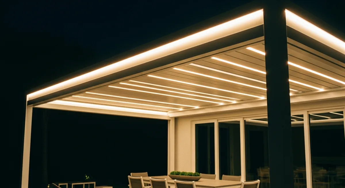 Motorized pergola with built-in LED lighting creating illuminated outdoor living space at night in Florida.