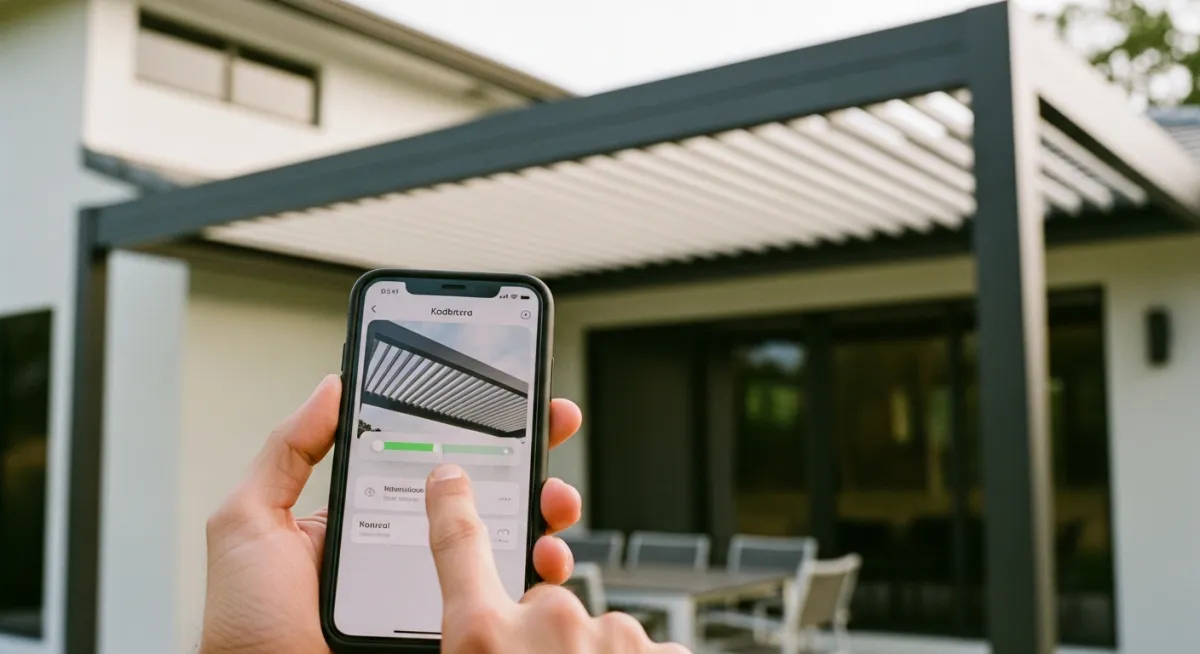 Smartphone controlling motorized louvered pergola roof with app-based Florida patio automation system.