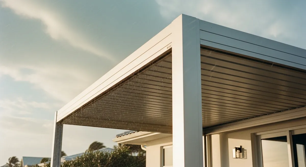 Hurricane-rated aluminum motorized pergola engineered for Florida coastal wind loads and storm resistance.