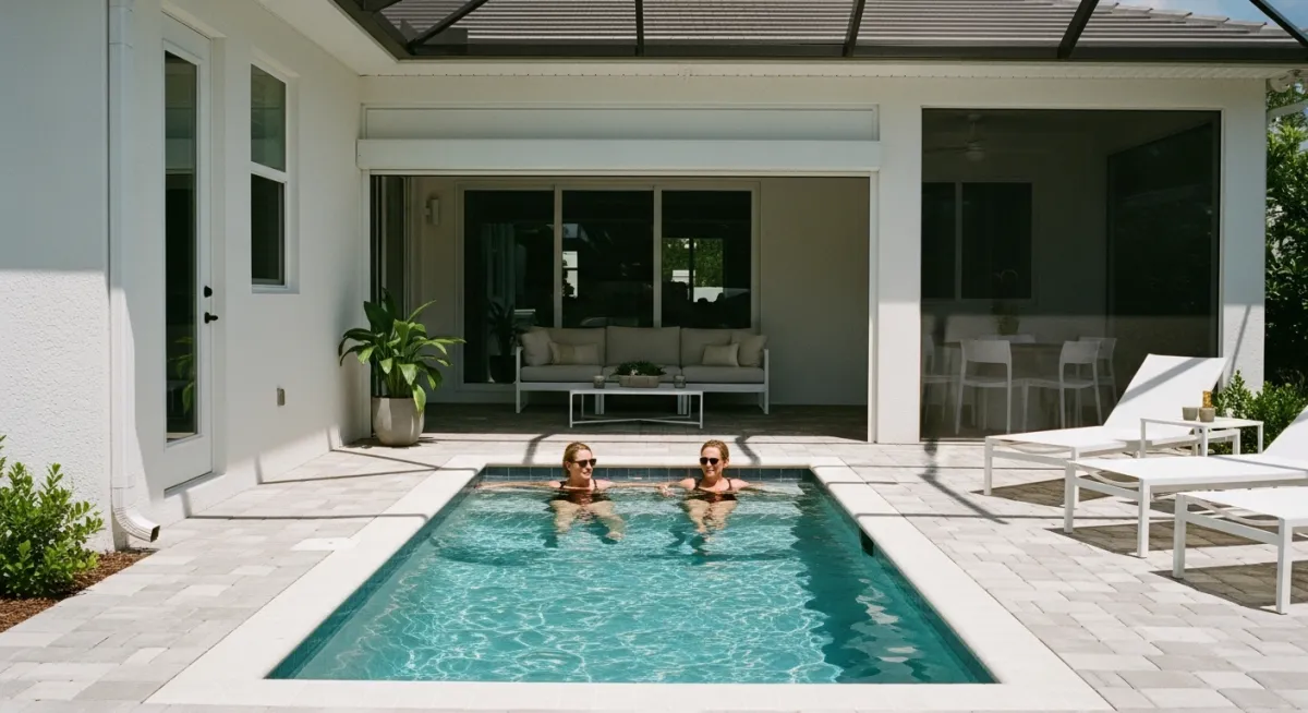 12x7 compact plunge pool with motorized screen enclosure for small Florida patio spaces.