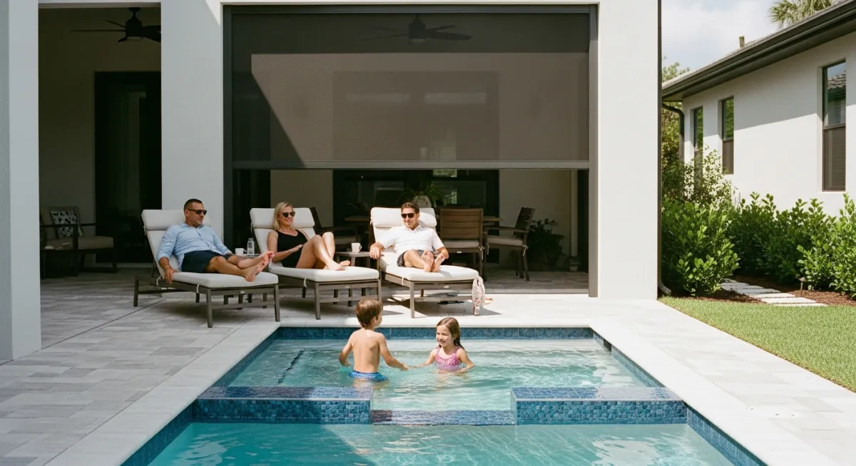 15x8 family plunge pool with motorized screen shade system on Florida home patio.