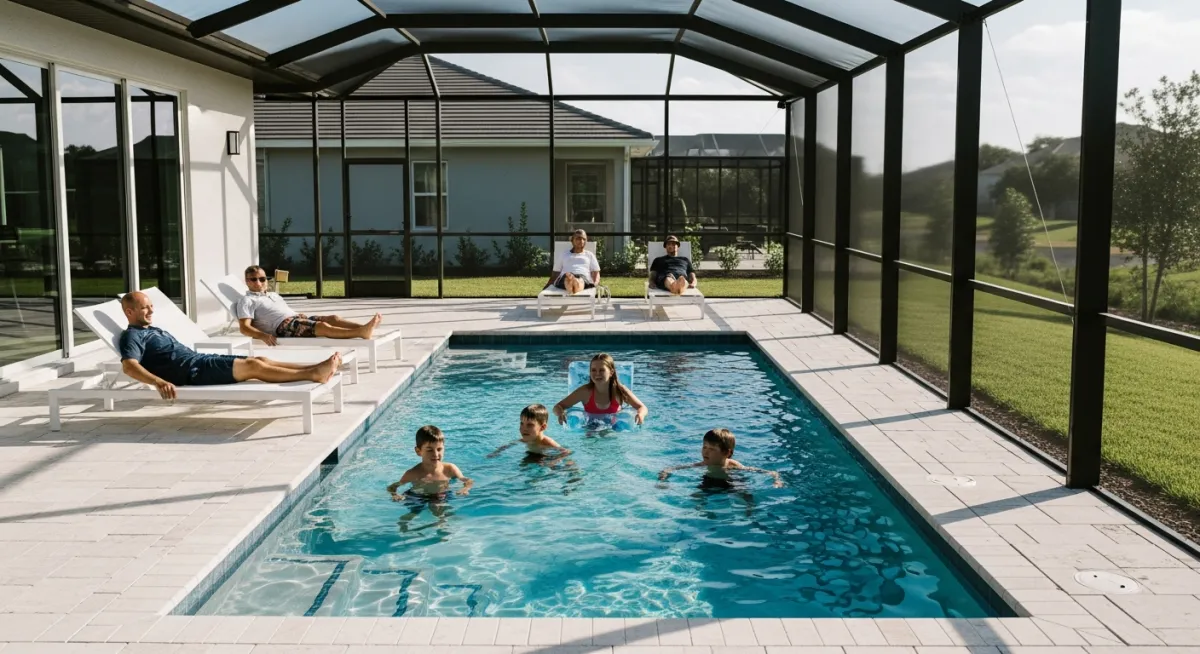 20x10 rectangular plunge pool with motorized screen enclosure for Florida family entertaining.