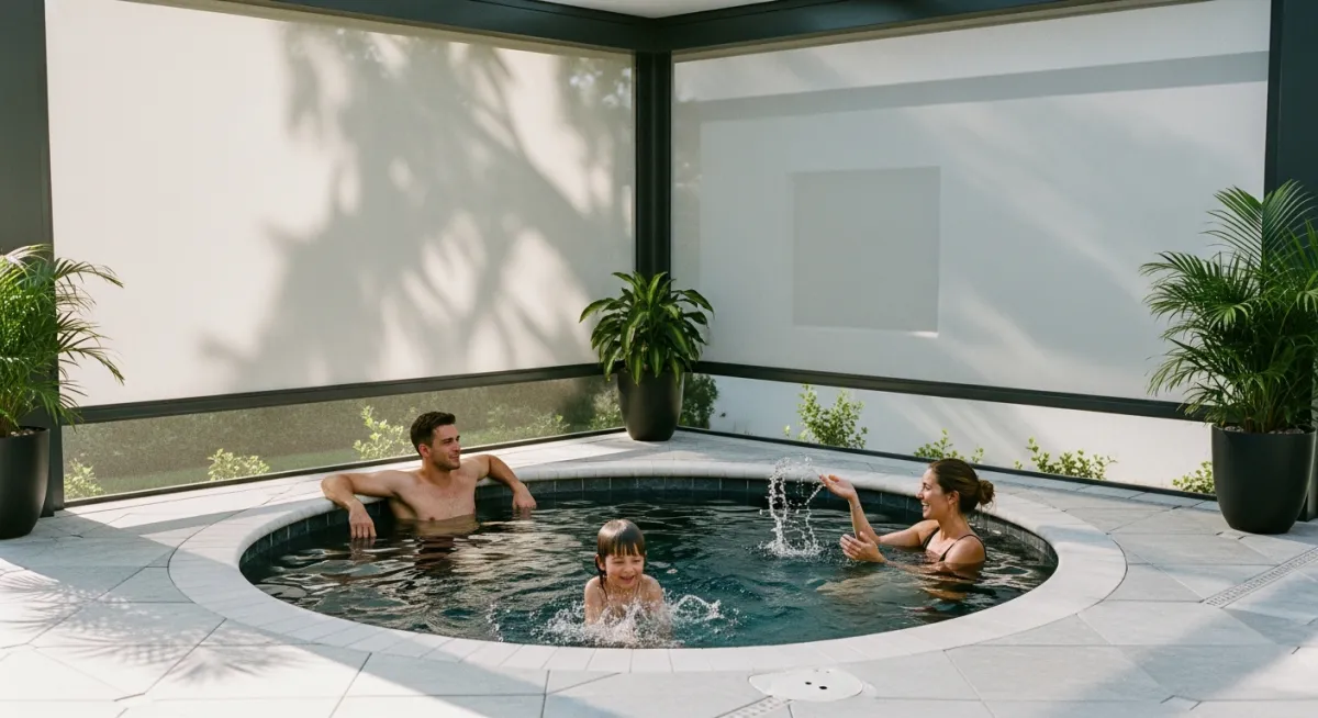 11.5-foot round plunge pool with motorized screen shade creating spa-like Florida outdoor space.