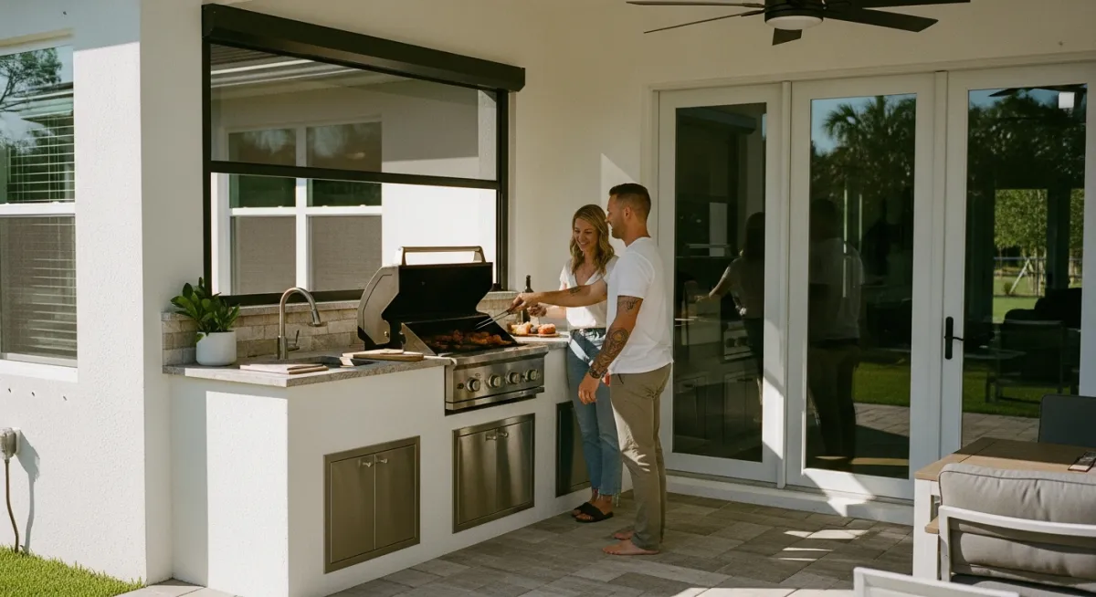 Entry-level outdoor grill island with motorized screen shade on Florida patio.