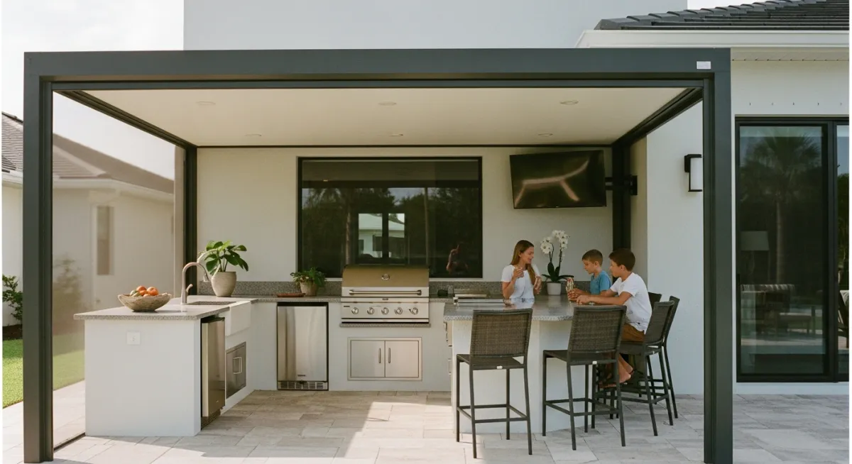 L-shaped outdoor kitchen with bar seating and motorized screen enclosure in Florida.
