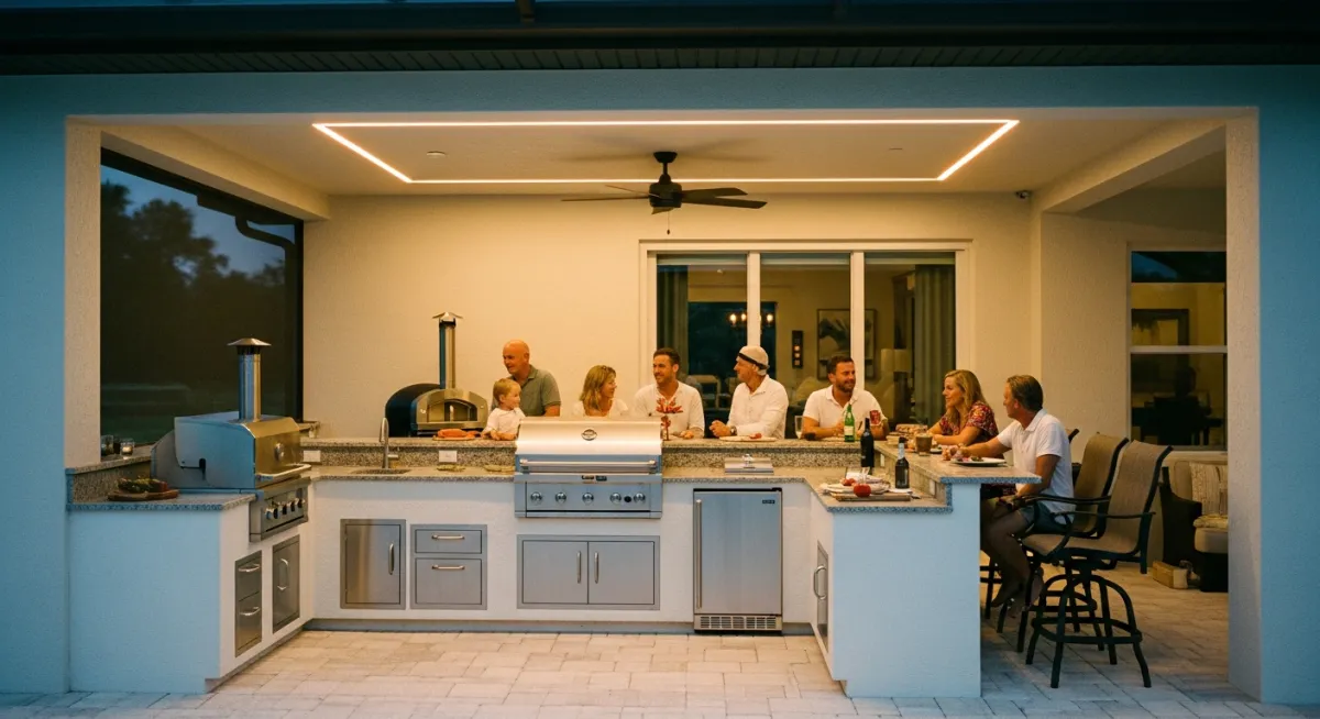 Premium U-shaped outdoor kitchen with motorized screen enclosure and bar seating in Florida.