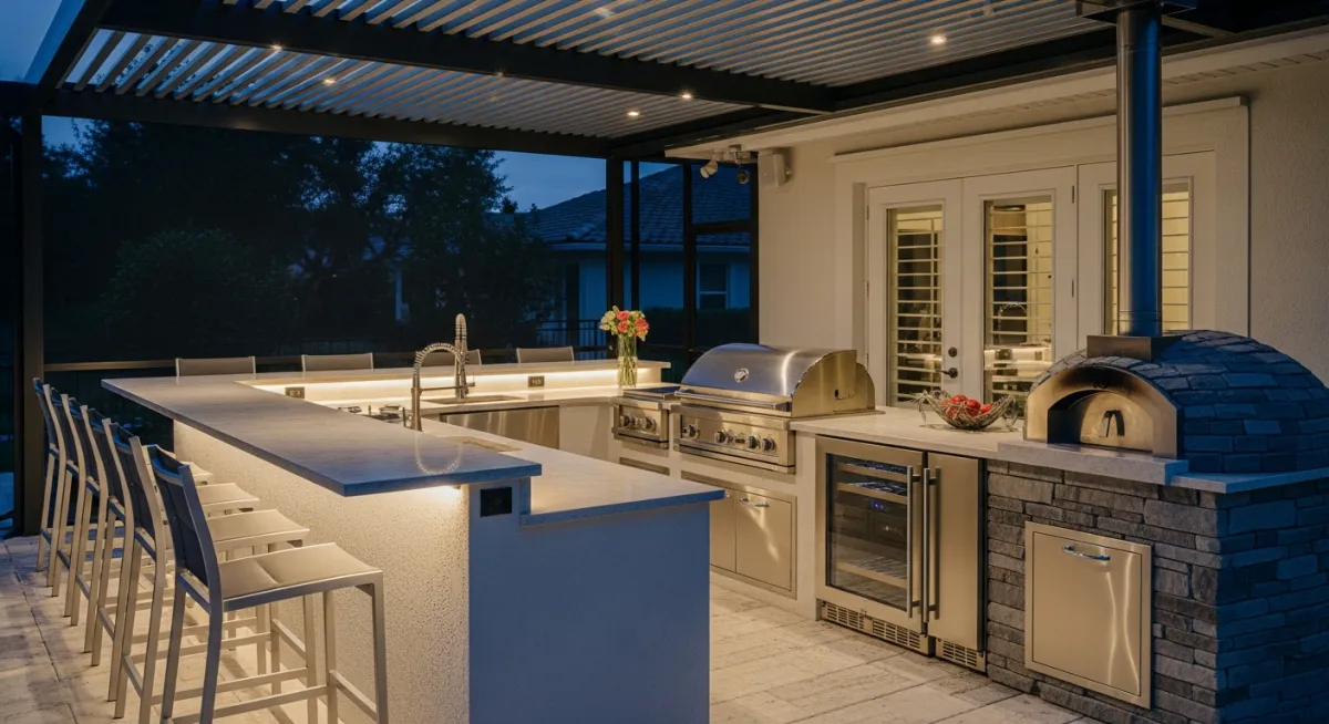 Luxury resort-style outdoor kitchen with motorized screen and pergola system in Florida.