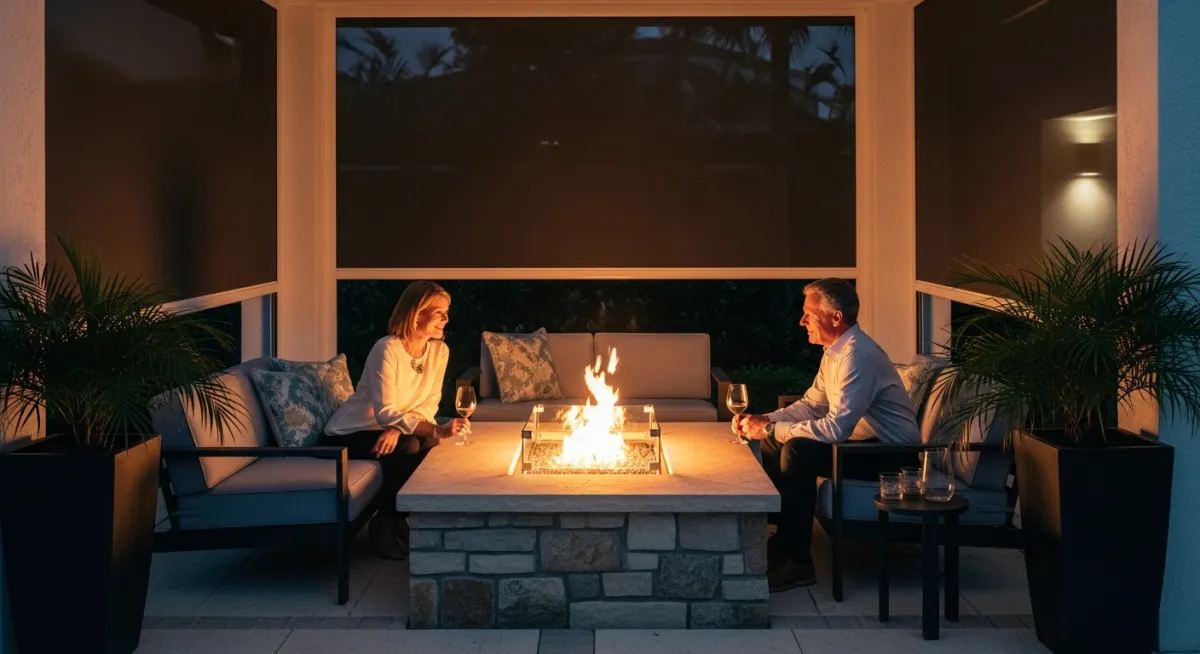 Gas fire pit with stone surround under motorized screen enclosure in Florida outdoor living space.